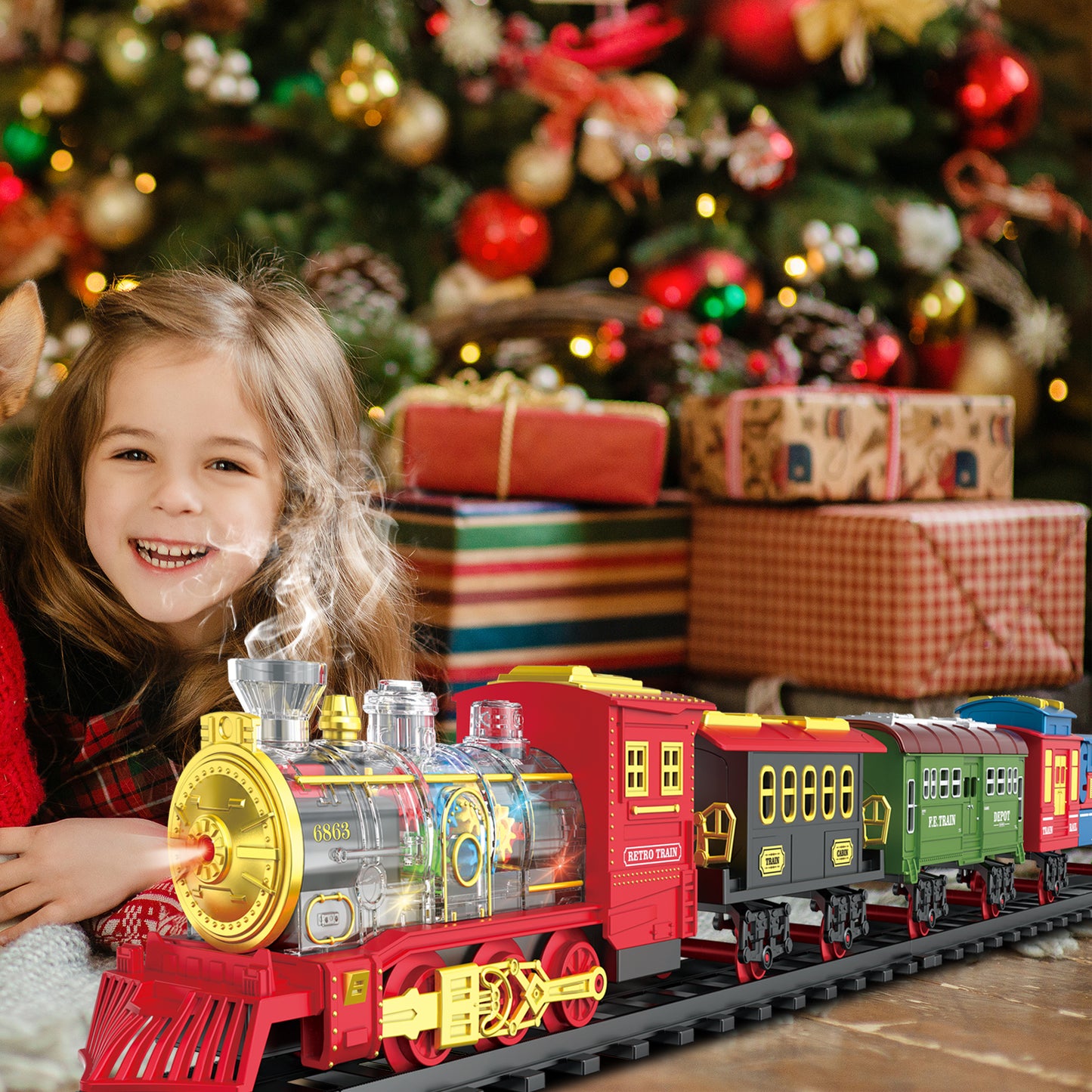 Electric Train Set Train Toys with Lights & Sound Steam Locomotive with Cargo Cars & Tracks
