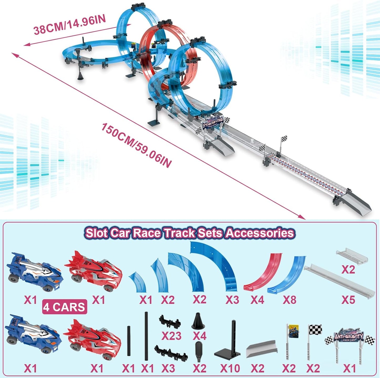 Electric Race Track Set with 4 Super Pull-Back Racing Cars, 360°Loops, Turns and Crossover High-Speed Racing Game Circular Overpass Track Gifts Birthday Toys for Boys Kids Age 6 7 8-12