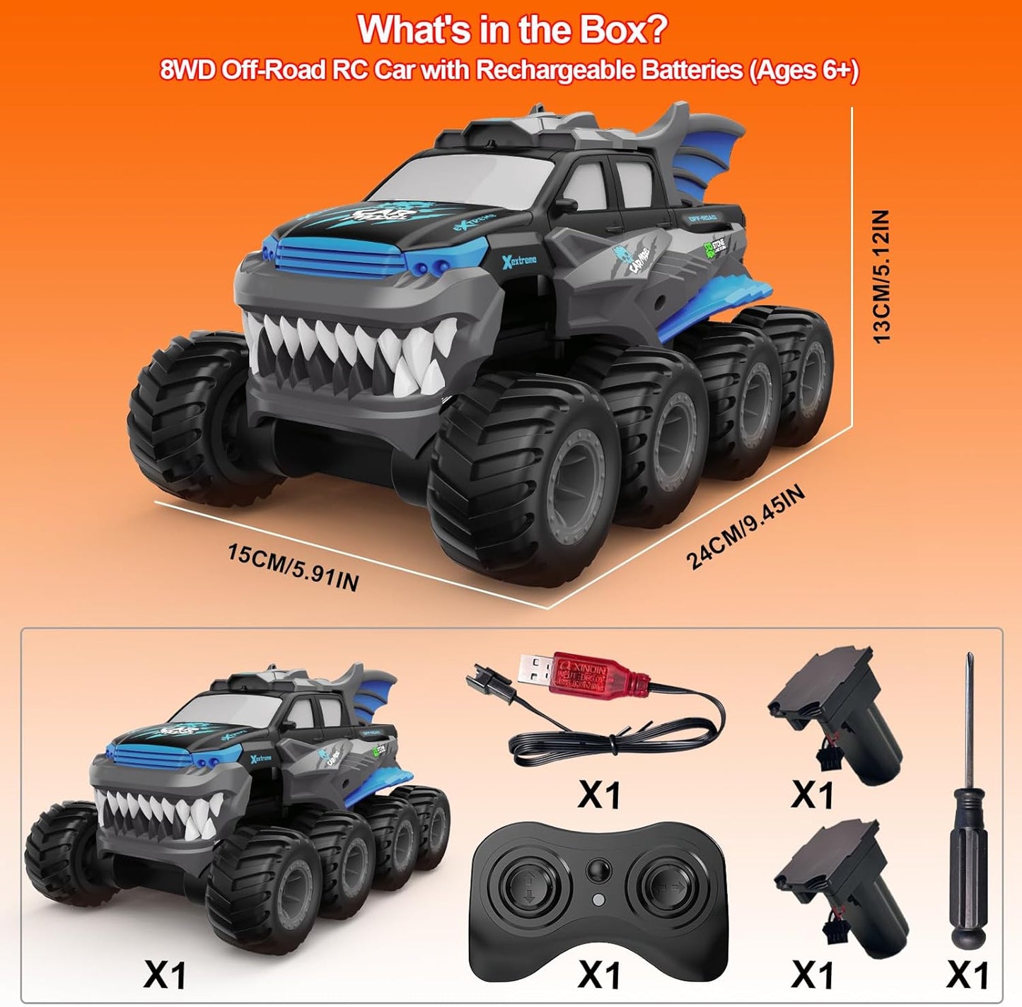 Amphibious Remote Control Car with 2 Rechargeable Batteries, 8WD RC Cars for Boys Age 8-12, Offroad Waterproof RC Monster Truck, 2.4GHz All Terrain RC Drift Cars Beach Pool Toys Gifts for Kids Blue