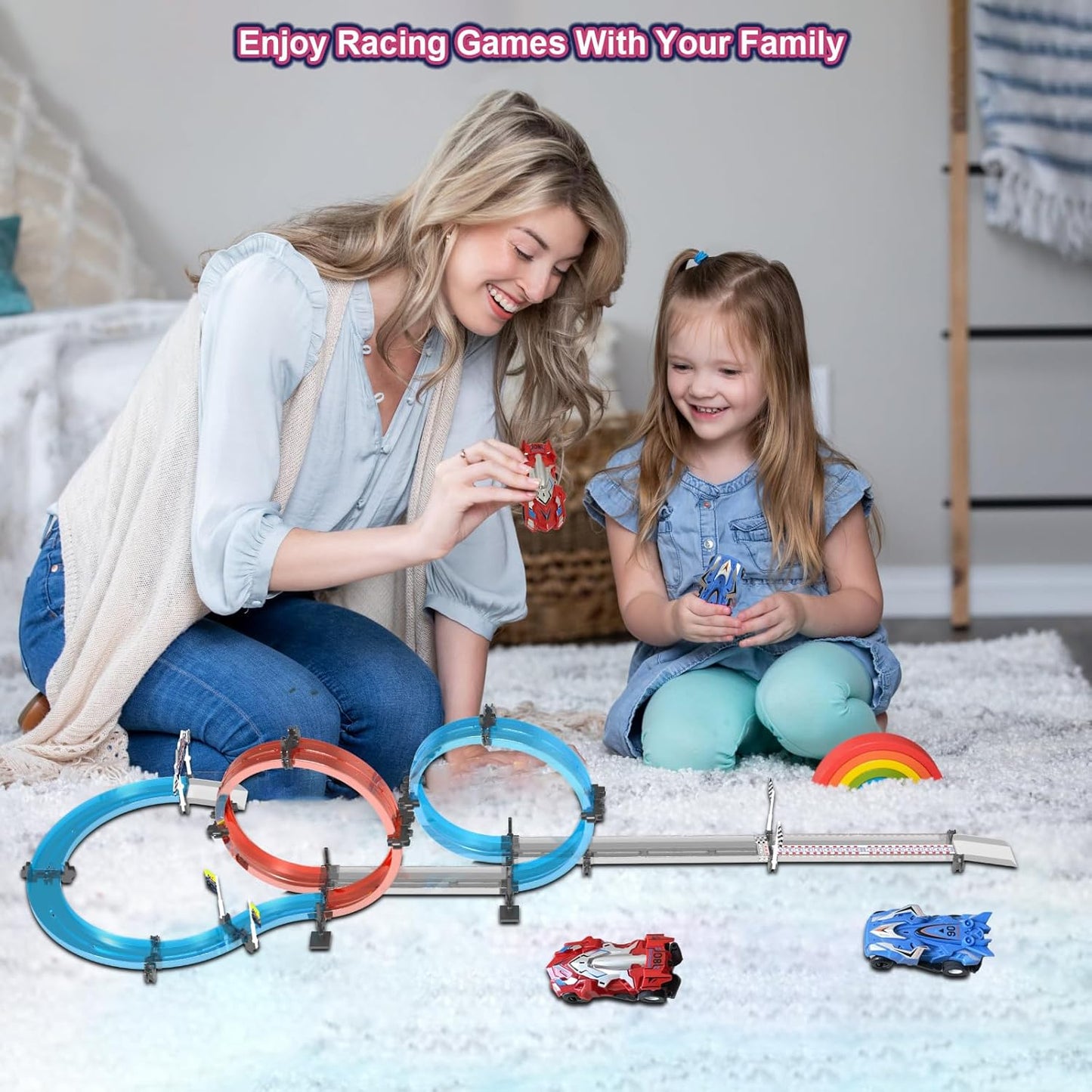 Car Race Track Sets with 4 Pull-Back Cars, 360° Loops, Cross Overpass & Curves, High-Speed Racing Game Track for Boys Kids Birthday Gift Ages 6-12