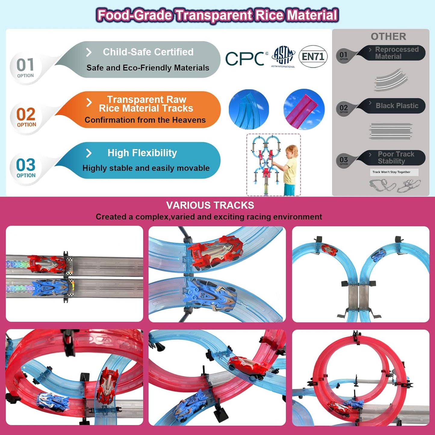 Electric Race Track Set Dual-Player with 4 Super Pull-Back Racing Cars, 360°Loops, Turns and Crossover High-Speed Racing Game Circular Overpass Track Gifts Birthday Toys for Boys Kids Age 6 7 8-12