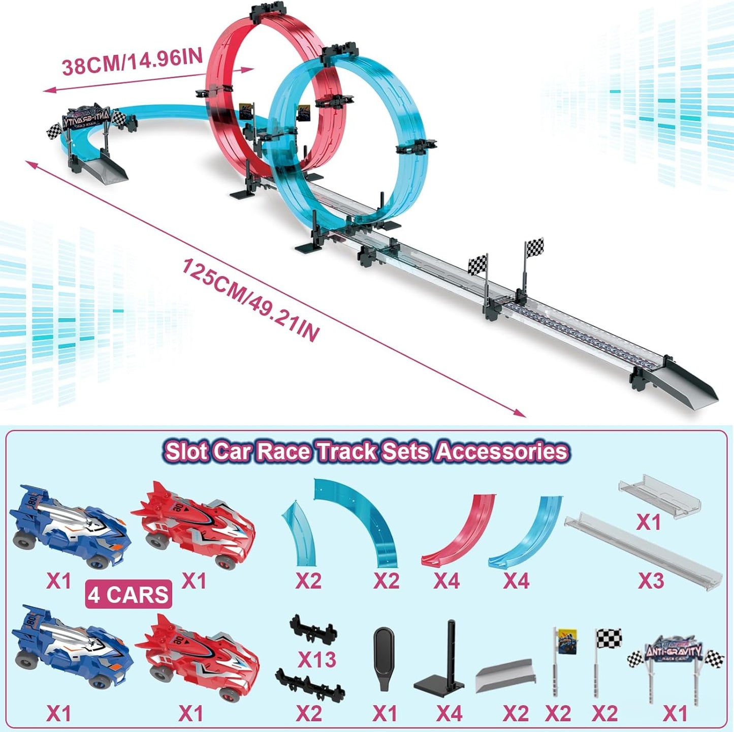 Car Race Track Sets with 4 Pull-Back Cars, 360° Loops, Cross Overpass & Curves, High-Speed Racing Game Track for Boys Kids Birthday Gift Ages 6-12