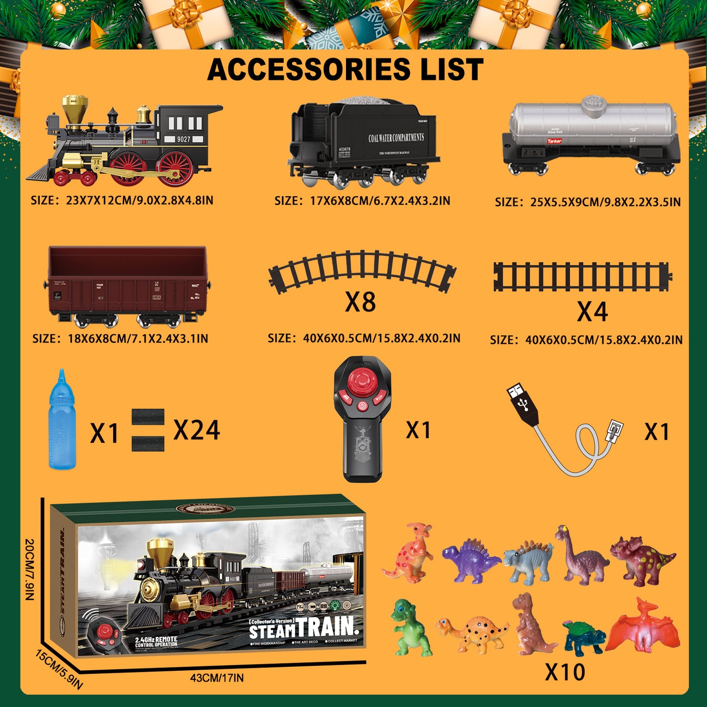 Remote Control Train Set for Kids Electric Steam Locomotive, Oil Tank Train, Cargo Cars & Tracks