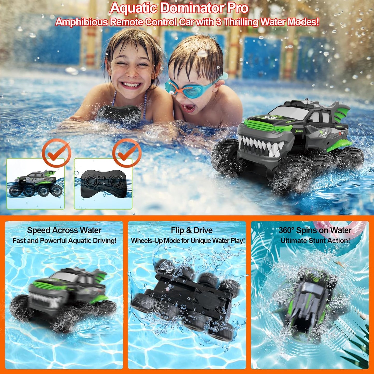 Amphibious Remote Control Car with 2 Rechargeable Batteries, 8WD RC Cars for Boys Age 8-12, Offroad Waterproof RC Monster Truck, 2.4GHz All Terrain RC Drift Cars Beach Pool Toys Gifts for Kids Green