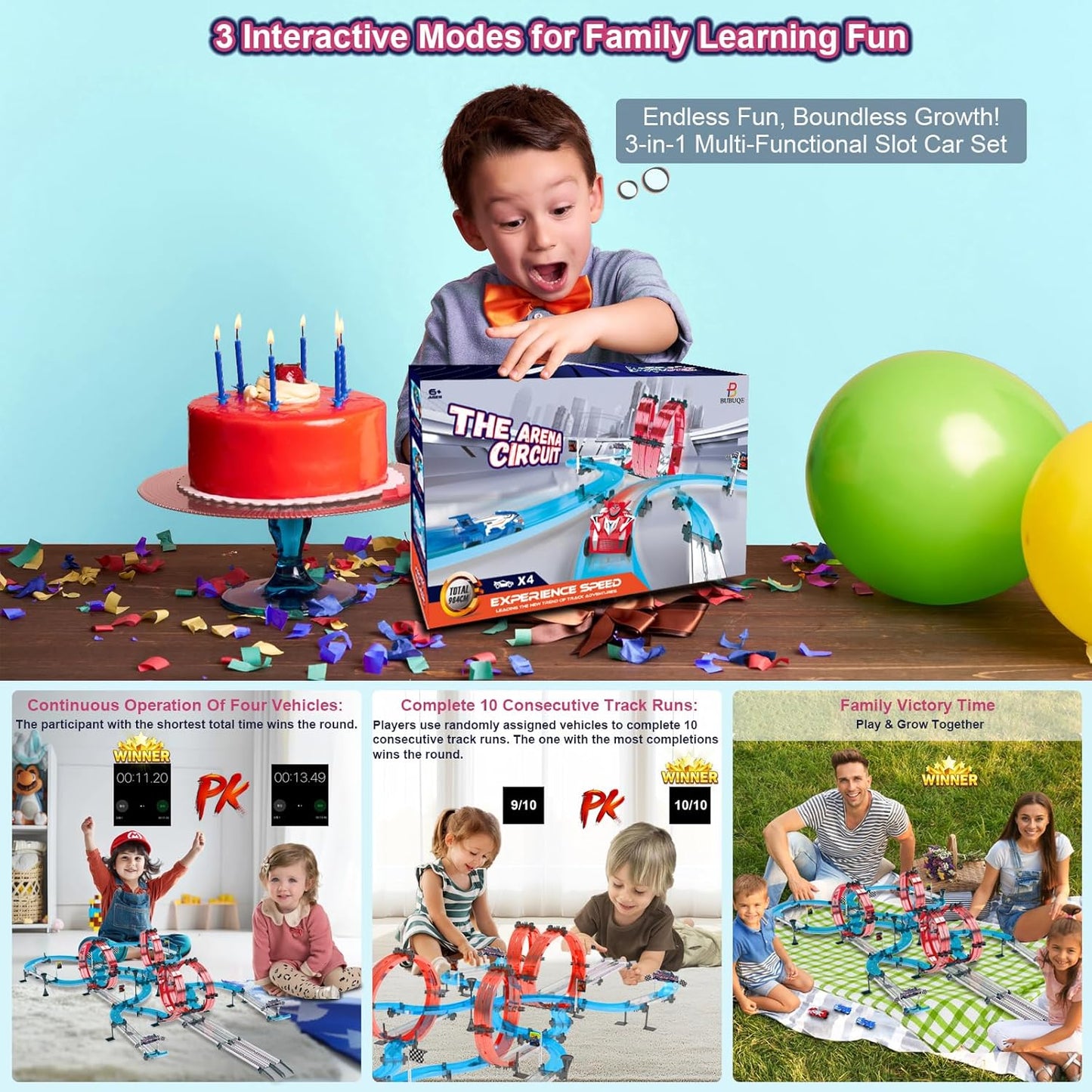Electric Race Track Set Dual-Player with 4 Super Pull-Back Racing Cars, 360°Loops, Turns and Crossover High-Speed Racing Game Circular Overpass Track Gifts Birthday Toys for Boys Kids Age 6 7 8-12