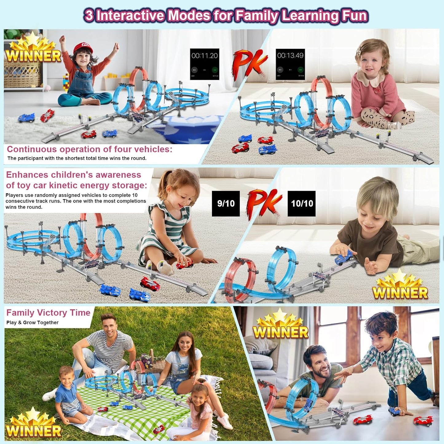 Car Race Track Sets with 4 Pull-Back Cars, 360° Loops, Cross Overpass & Curves, High-Speed Racing Game Track for Boys Kids Birthday Gift Ages 6-12