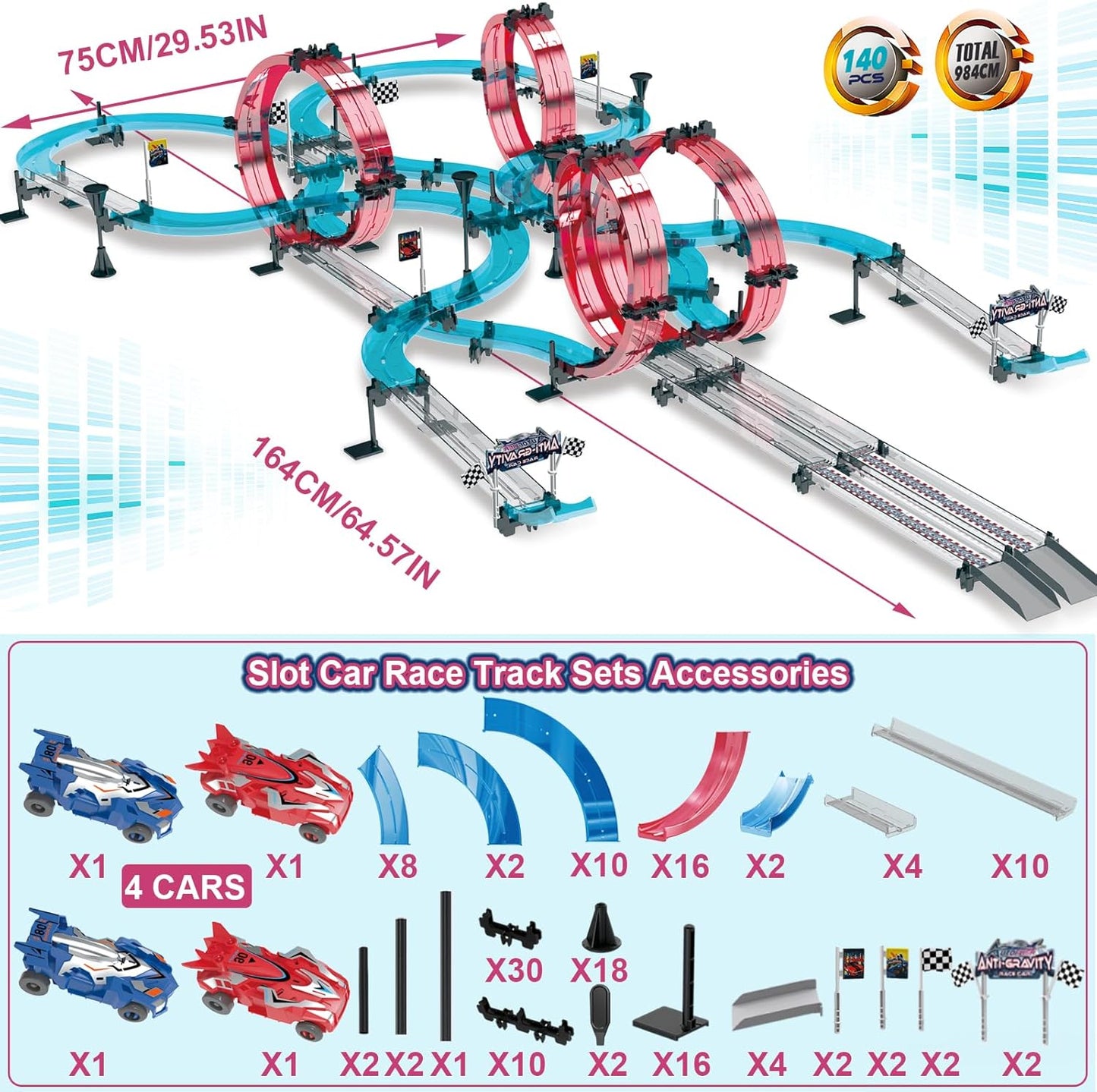 Electric Race Track Set Dual-Player with 4 Super Pull-Back Racing Cars, 360°Loops, Turns and Crossover High-Speed Racing Game Circular Overpass Track Gifts Birthday Toys for Boys Kids Age 6 7 8-12