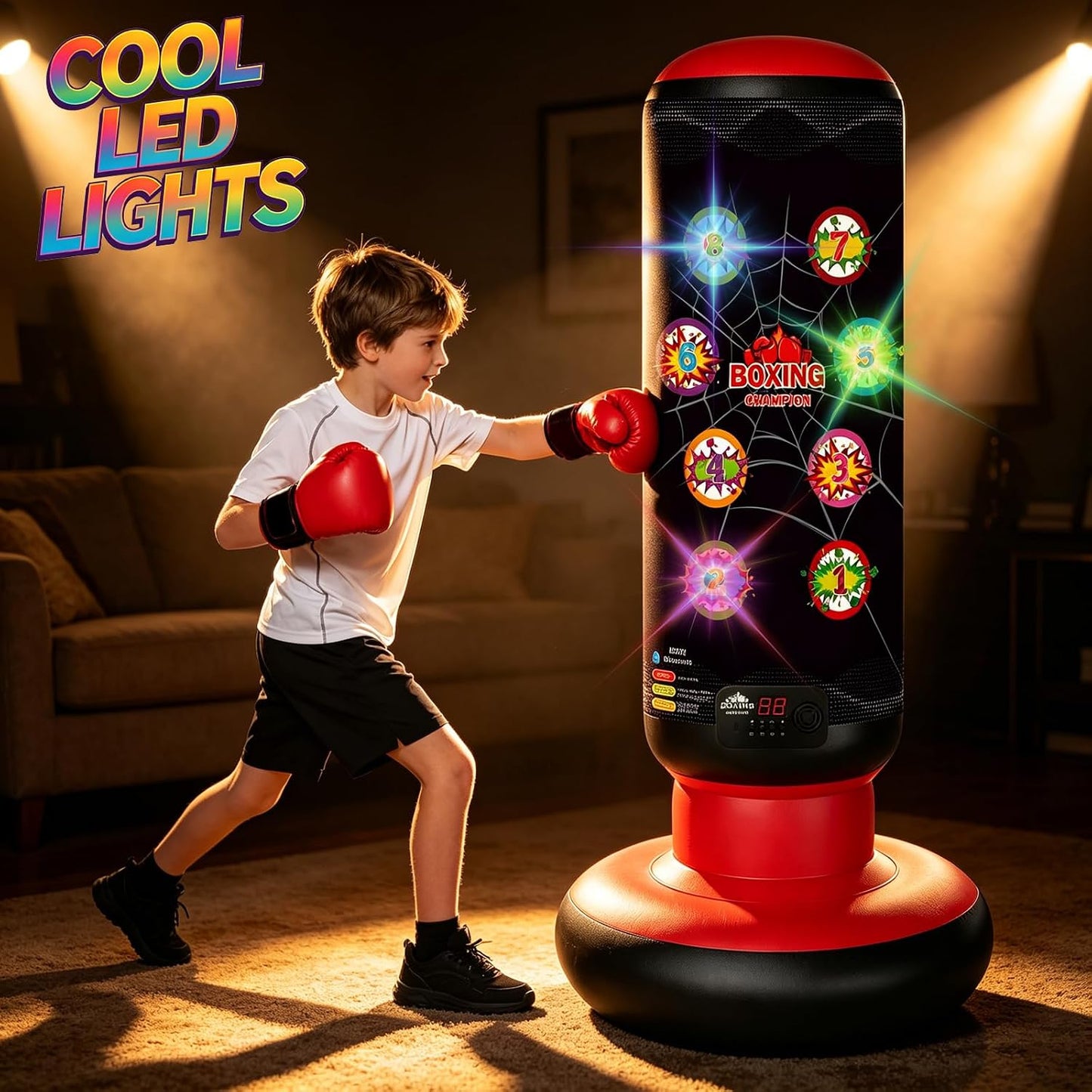 Punching Bag for Kids 63 Inch Stable Inflatable Boxing Bag with Fast Electric Pump Scoring Bluetooth Music LED Lights Gloves Freestanding Toys Birthday Gift for Boys Girls Ages 4-8-12