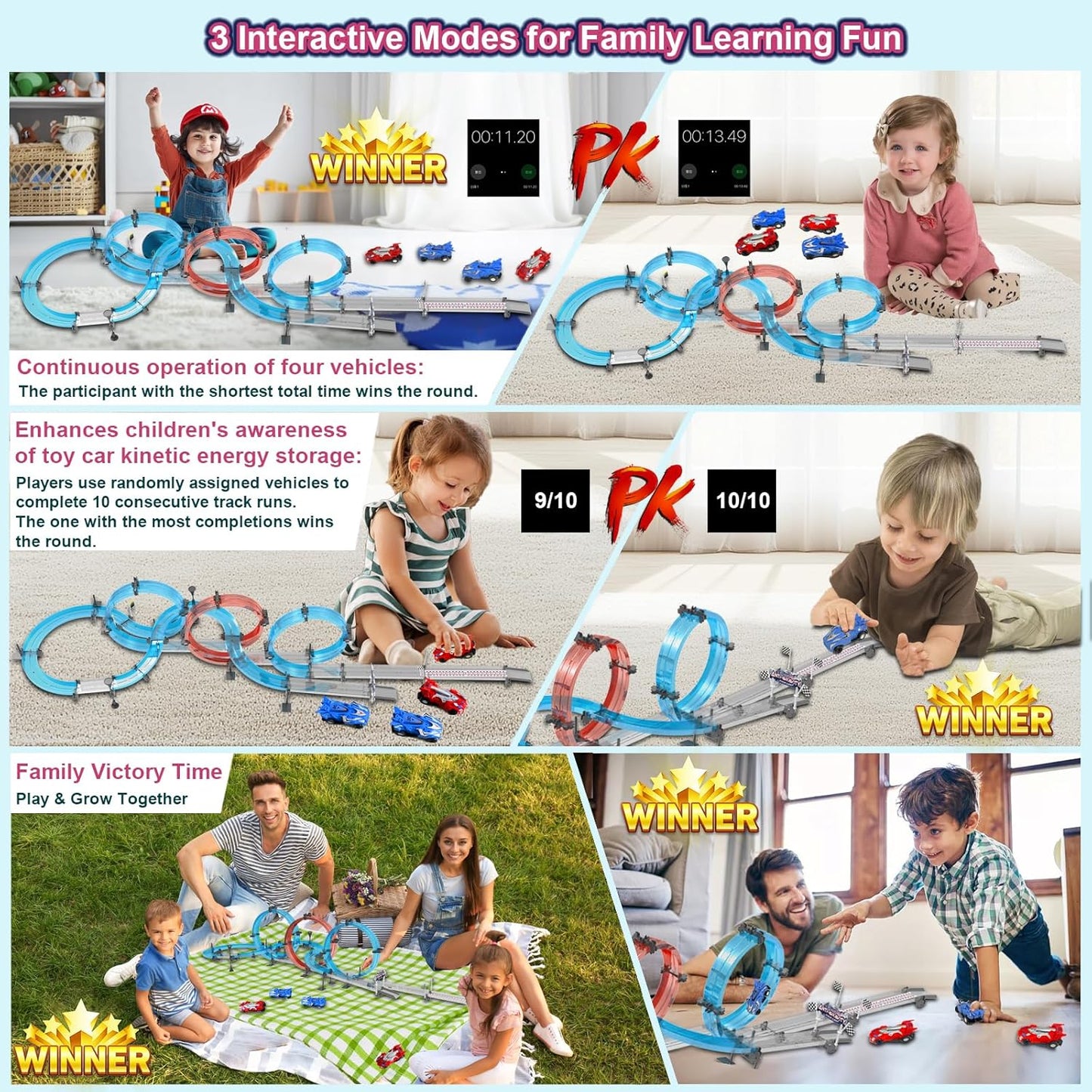 Electric Race Track Set with 4 Super Pull-Back Racing Cars, 360°Loops, Turns and Crossover High-Speed Racing Game Circular Overpass Track Gifts Birthday Toys for Boys Kids Age 6 7 8-12