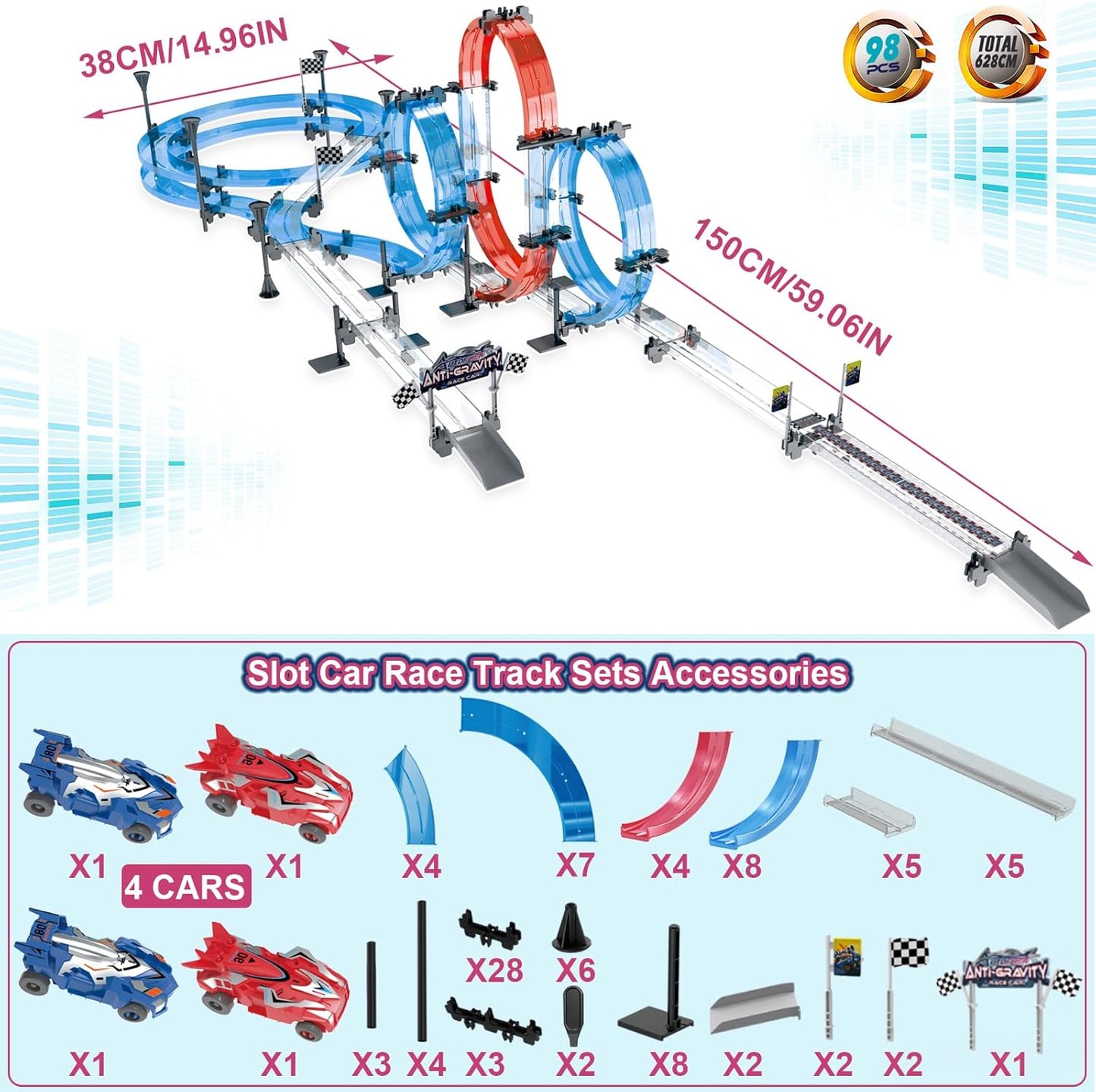 Car Race Track Sets with 4 Pull-Back Cars, 360° Loops, Cross Overpass & Curves, High-Speed Racing Game Track for Boys Kids Birthday Gift Ages 6-12