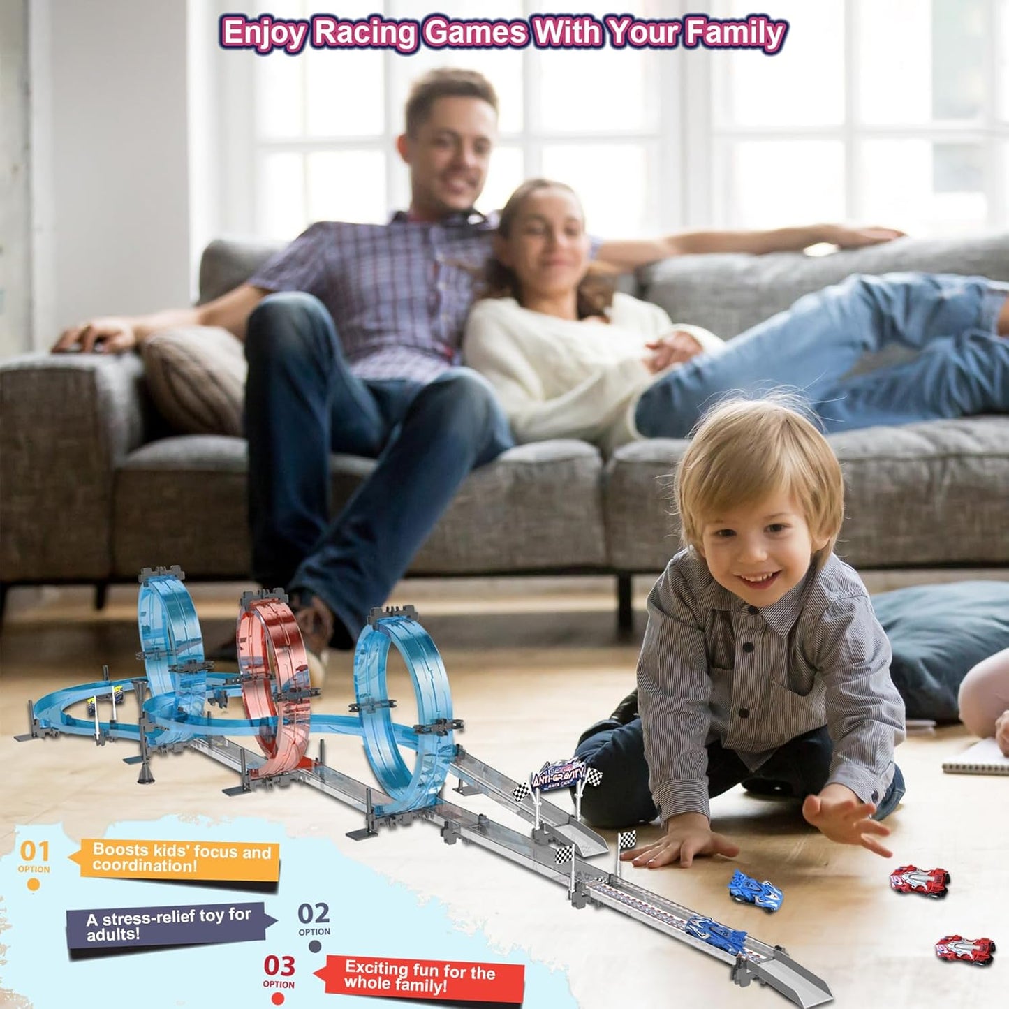 Electric Race Track Set with 4 Super Pull-Back Racing Cars, 360°Loops, Turns and Crossover High-Speed Racing Game Circular Overpass Track Gifts Birthday Toys for Boys Kids Age 6 7 8-12