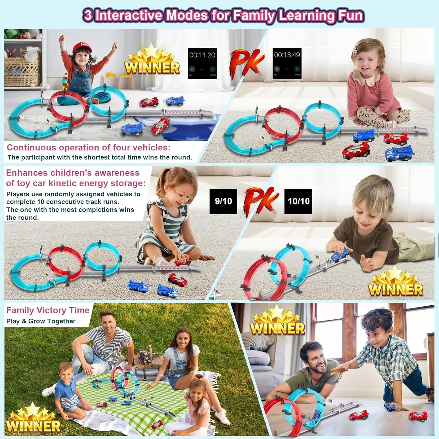 Car Race Track Sets with 4 Pull-Back Cars, 360° Loops, Cross Overpass & Curves, High-Speed Racing Game Track for Boys Kids Birthday Gift Ages 6-12