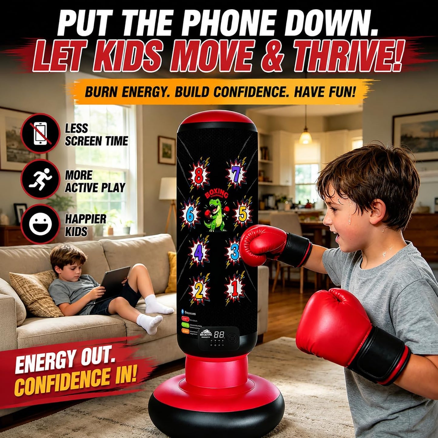 Punching Bag for Kids 63 Inch Stable Inflatable Boxing Bag with Fast Electric Pump Scoring Bluetooth Music LED Lights Gloves Freestanding Toys Birthday Gift for Boys Girls Ages 4-8-12