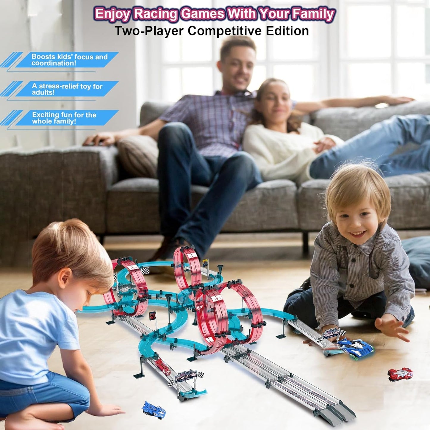Electric Race Track Set Dual-Player with 4 Super Pull-Back Racing Cars, 360°Loops, Turns and Crossover High-Speed Racing Game Circular Overpass Track Gifts Birthday Toys for Boys Kids Age 6 7 8-12