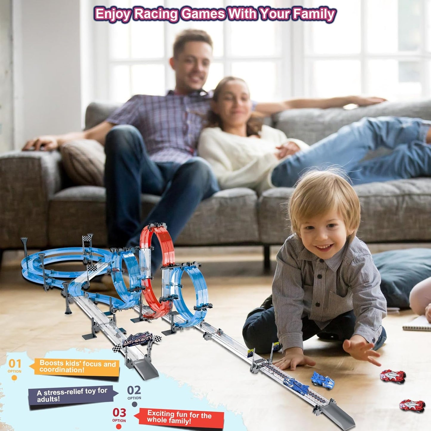 Car Race Track Sets with 4 Pull-Back Cars, 360° Loops, Cross Overpass & Curves, High-Speed Racing Game Track for Boys Kids Birthday Gift Ages 6-12