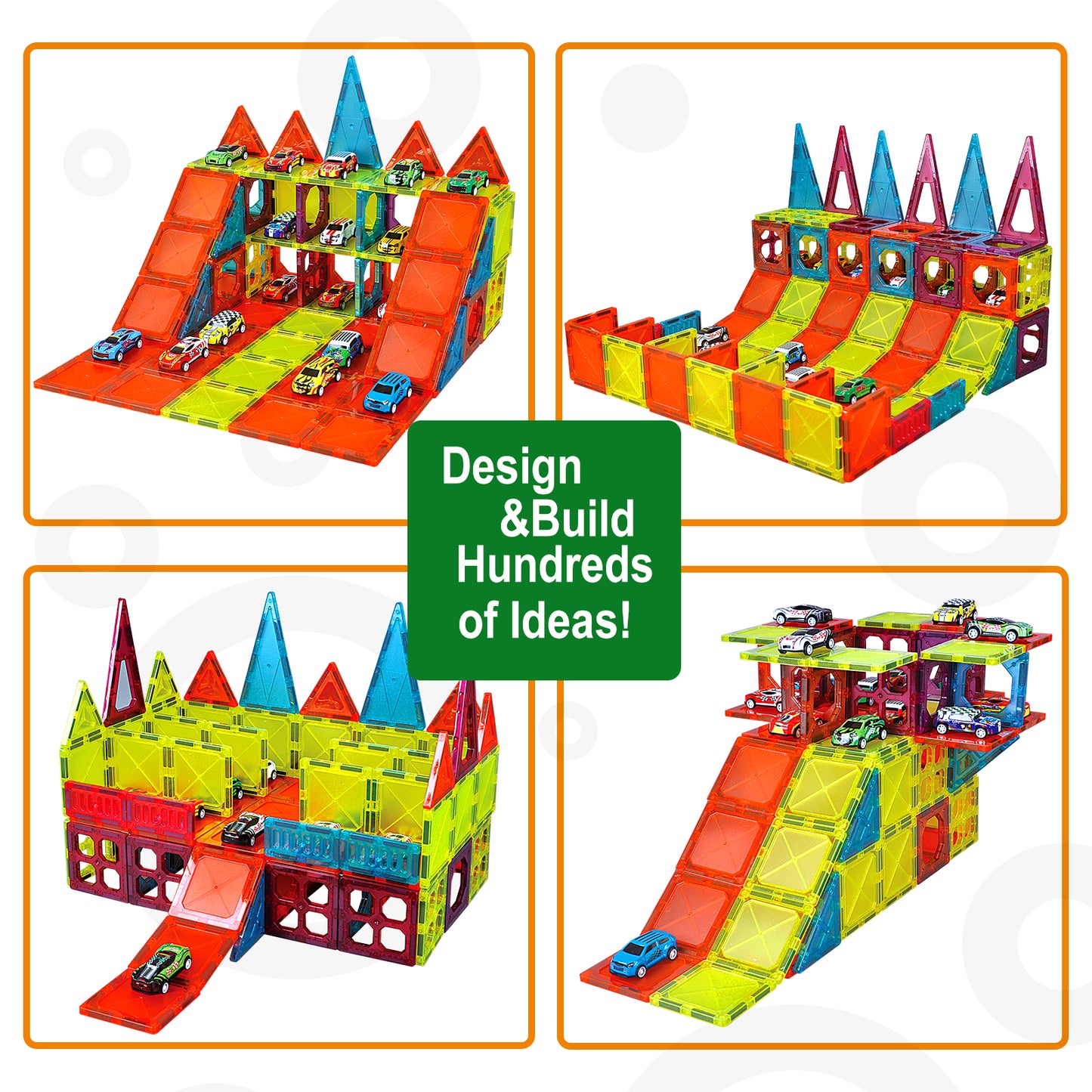 Magnetic Tiles Parking Building Playset with 10 Pull-Back Metal Cars for Kids