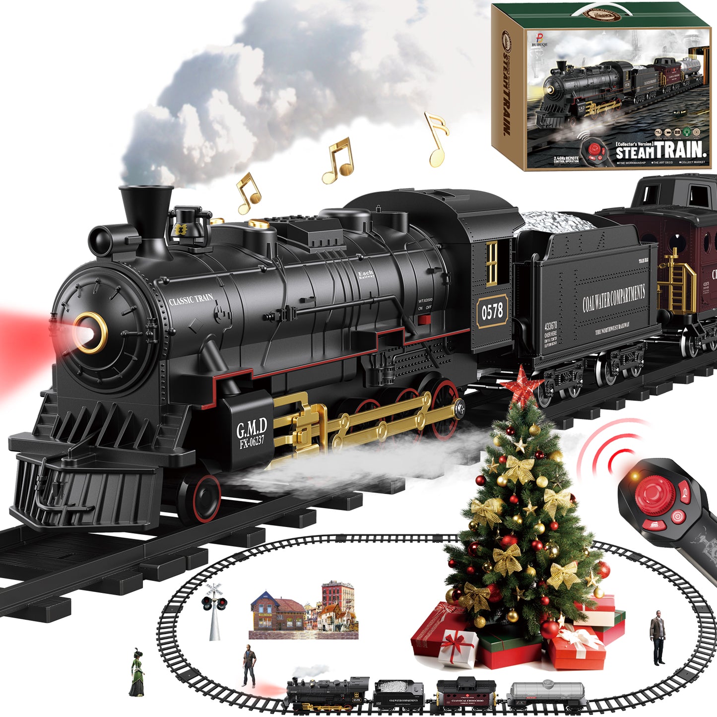 Remote Control Train Set Steam Locomotive, Cargo Car & Tracks