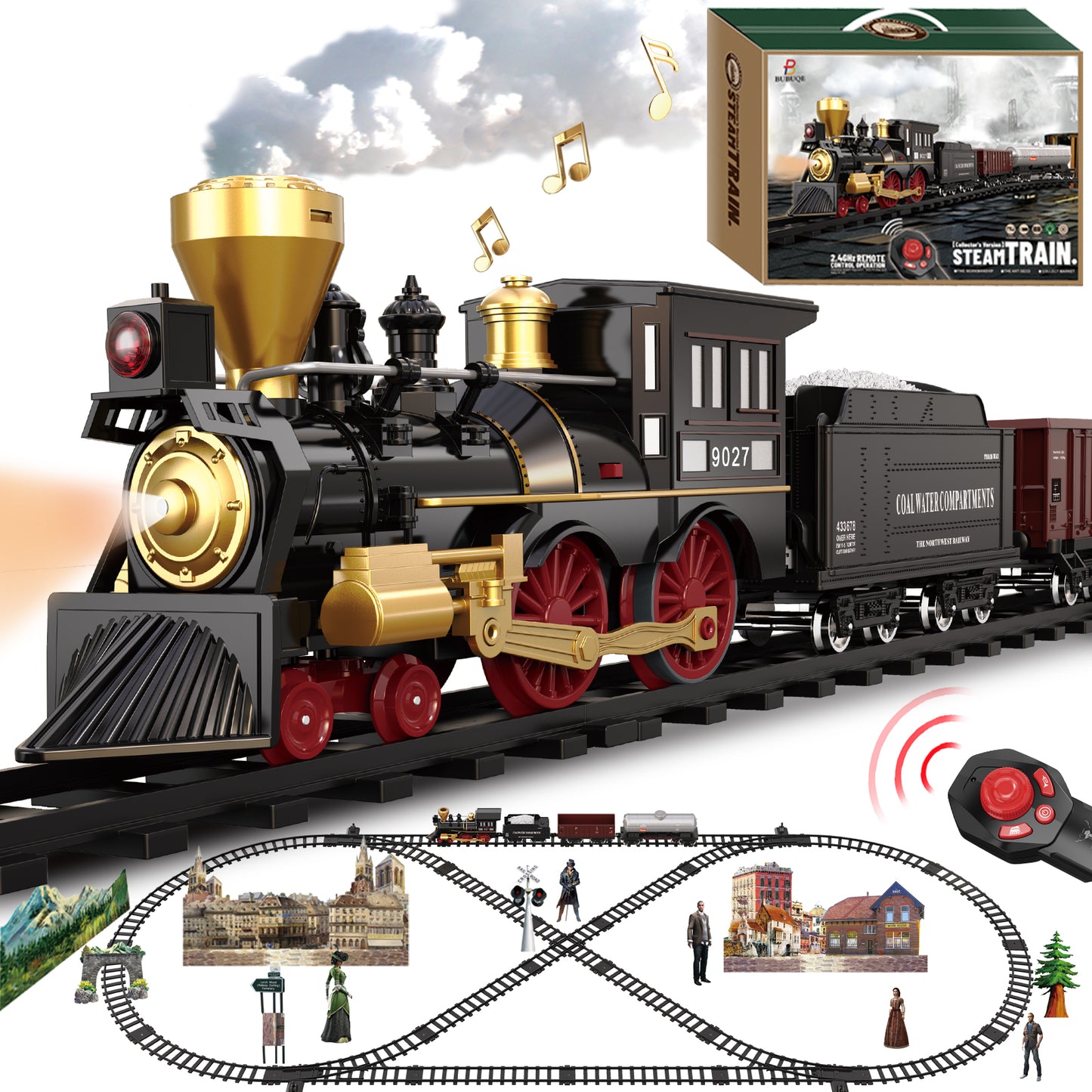 Remote Control Train Toys w/Steam Locomotive, Fuel Tank Car & Luxury Tracks