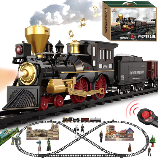 Remote Control Train Toys w/Steam Locomotive, Fuel Tank Car & Luxury Tracks