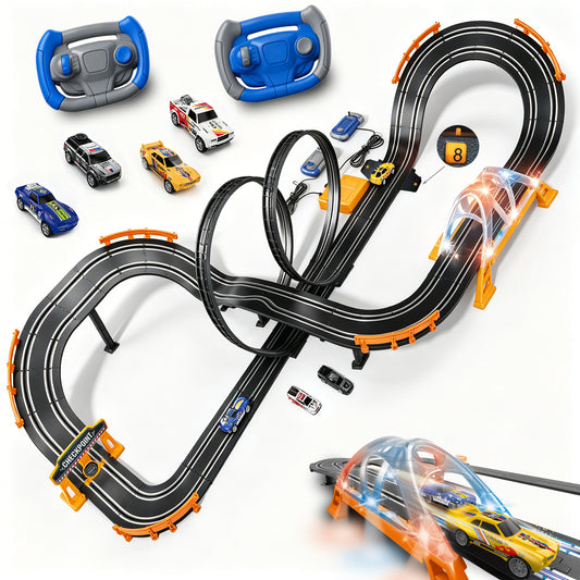 Slot Car Race Track Sets with 4 High-Speed Racing Slot Cars Electric Dual Racing Game with 2 Controllers Circular Overpass Track Featuring Flash Bridge Pendulum Gifts Toys for Boys Kids Age 6 7 8-12