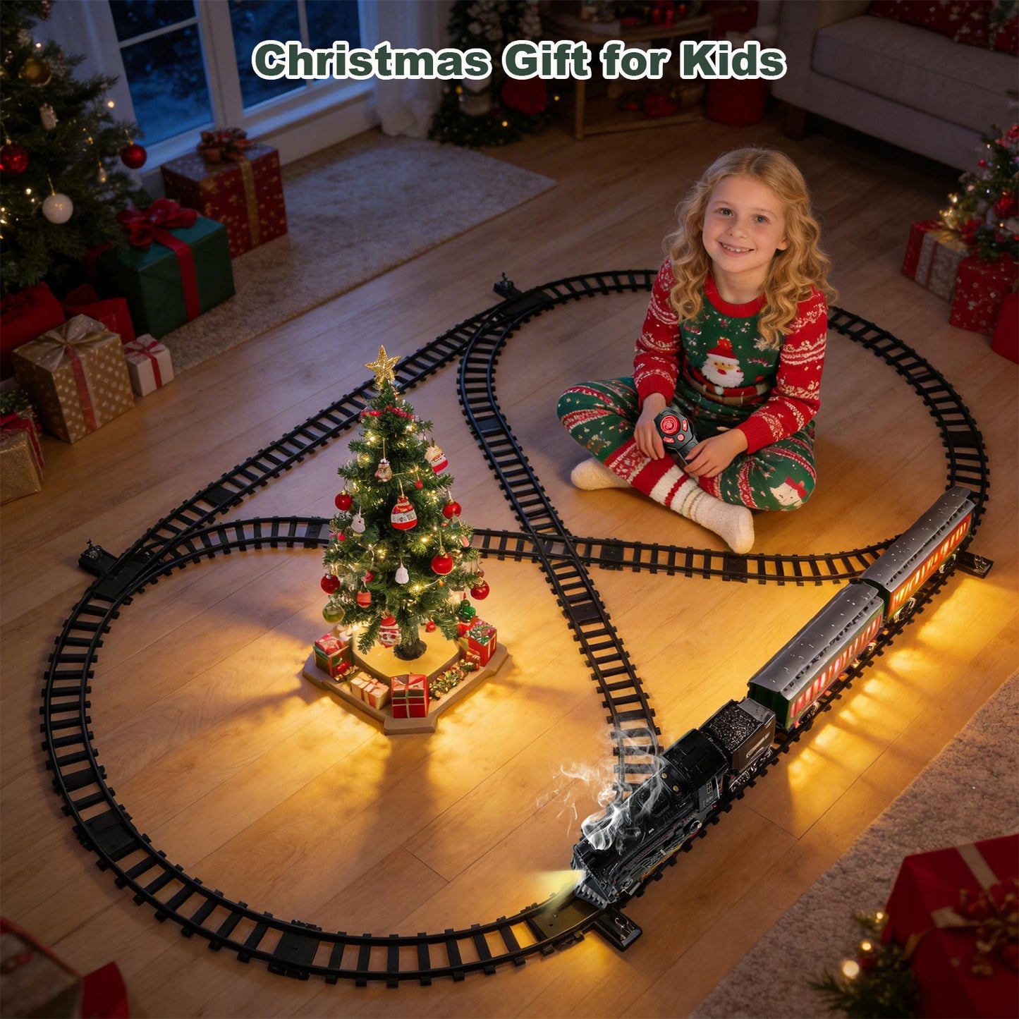 Electric Train Sets Remote Control for Kids Metal Alloy Christmas Train Toys Steam Locomotive Glowing Passenger Carriages Luxury Tracks Light & Sounds Rechargeable Birthday Gifts for Boys Girls Red
