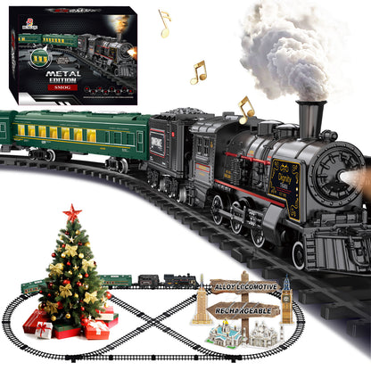 Electric Train Sets for Kids Metal Alloy Steam Locomotive, Glowing Passenger Carriages, Luxury Track