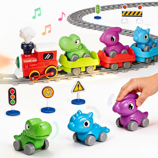 Train Set for Toddlers w/Steam Music & Lights - Electric Train Toys for Kids w/Tracks Including 3 Dinosaur Cars and 3 Trailers Christmase Birthday Gifts for Boys Girls 3 4 5 6+ Years Old