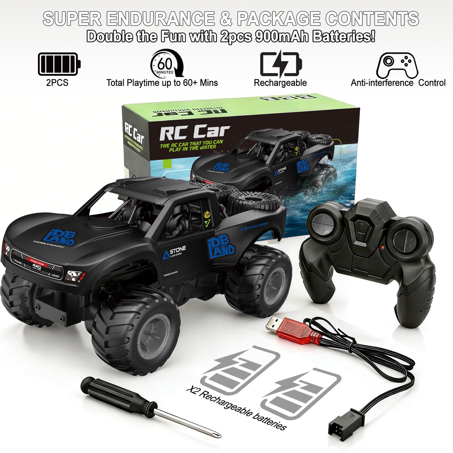Amphibious Remote Control Car Monster Truck - 4WD Waterproof 1:16 Large All Terrain Off Road Vehicle with 2 Rechargeable Batteries RC Drift Cars Beach Pool Toys Gifts for Boys Kids 8-12