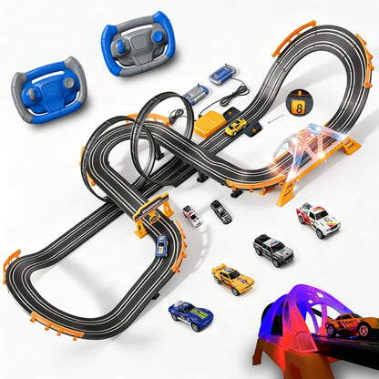 Electric Slot Car Race Track Sets with 4 High-Speed Racing Slot Cars Dual Racing Game with 2 Controllers Circular Overpass Track Featuring Flash Bridge Pendulum Gifts Toys for Boys Kids Age 6 7 8-12