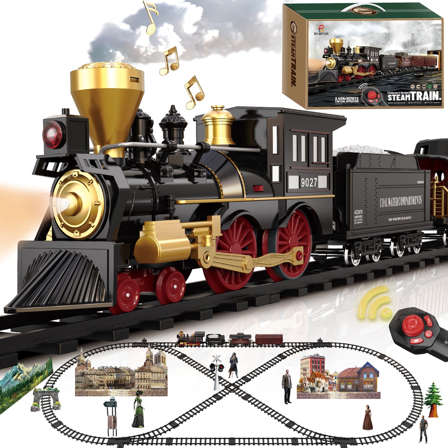 Remote Control Train Toys w/Steam Locomotive,Passenger Carriage & Luxury Tracks