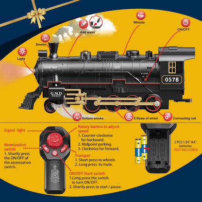 Remote Control Train Set Steam Locomotive, Cargo Car & Tracks