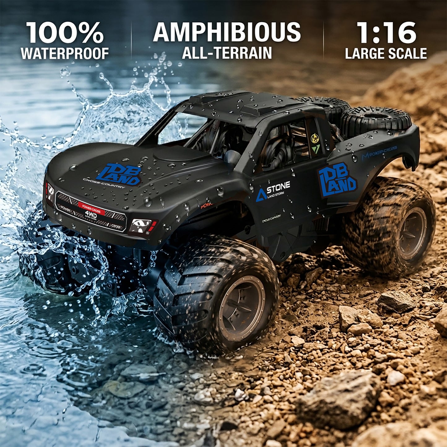 Amphibious Remote Control Car Monster Truck - 4WD Waterproof 1:16 Large All Terrain Off Road Vehicle with 2 Rechargeable Batteries RC Drift Cars Beach Pool Toys Gifts for Boys Kids 8-12