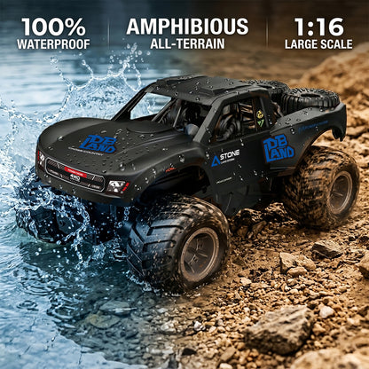 Amphibious Remote Control Car Monster Truck - 4WD Waterproof 1:16 Large All Terrain Off Road Vehicle with 2 Rechargeable Batteries RC Drift Cars Beach Pool Toys Gifts for Boys Kids 8-12