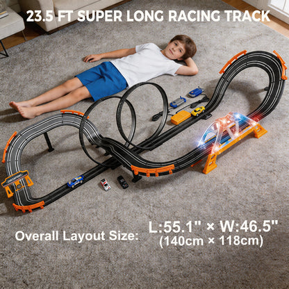 Slot Car Race Track Sets with 4 High-Speed Racing Slot Cars Electric Dual Racing Game with 2 Controllers Circular Overpass Track Featuring Flash Bridge Pendulum Gifts Toys for Boys Kids Age 6 7 8-12