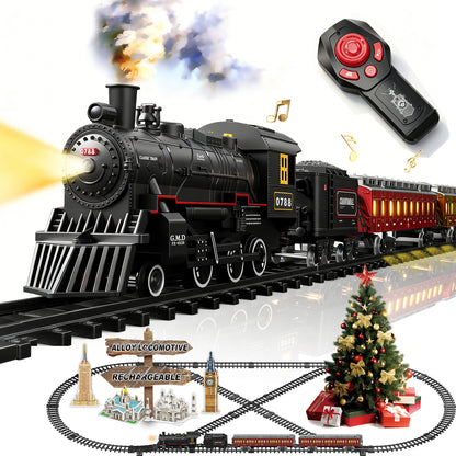 Electric Train Sets Remote Control for Kids Metal Alloy Christmas Train Toys Steam Locomotive Glowing Passenger Carriages Luxury Tracks Light & Sounds Rechargeable Birthday Gifts for Boys Girls Red