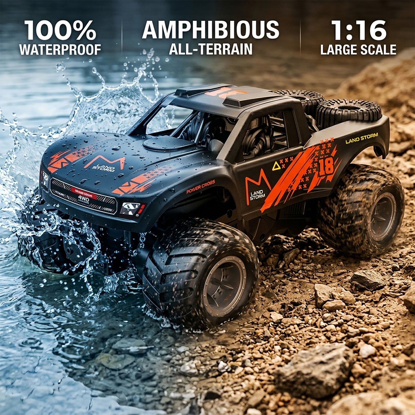 Amphibious Remote Control Car Monster Truck - 4WD Waterproof 1:16 Large All Terrain Off Road Vehicle with 2 Rechargeable Batteries RC Drift Cars Beach Pool Toys Gifts for Boys Kids 8-12
