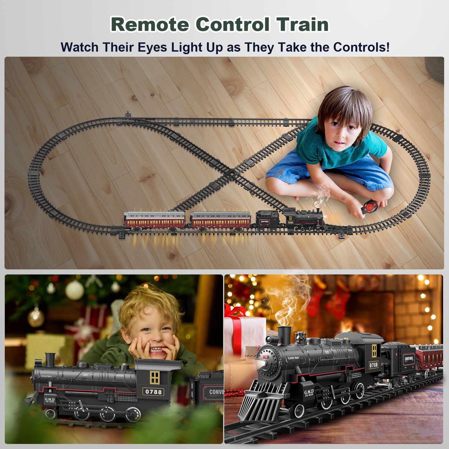 Electric Train Sets Remote Control for Kids Metal Alloy Christmas Train Toys Steam Locomotive Glowing Passenger Carriages Luxury Tracks Light & Sounds Rechargeable Birthday Gifts for Boys Girls Red