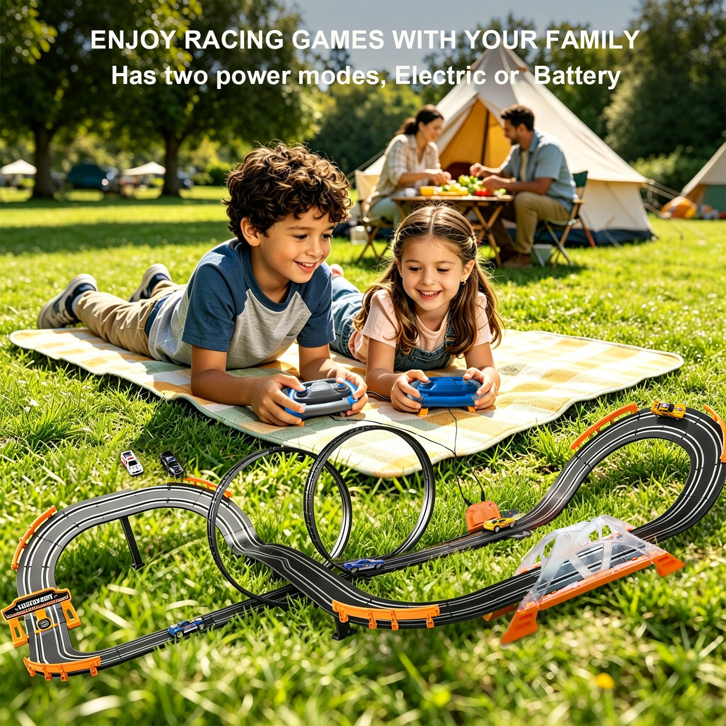 Slot Car Race Track Sets with 4 High-Speed Racing Slot Cars Electric Dual Racing Game with 2 Controllers Circular Overpass Track Featuring Flash Bridge Pendulum Gifts Toys for Boys Kids Age 6 7 8-12