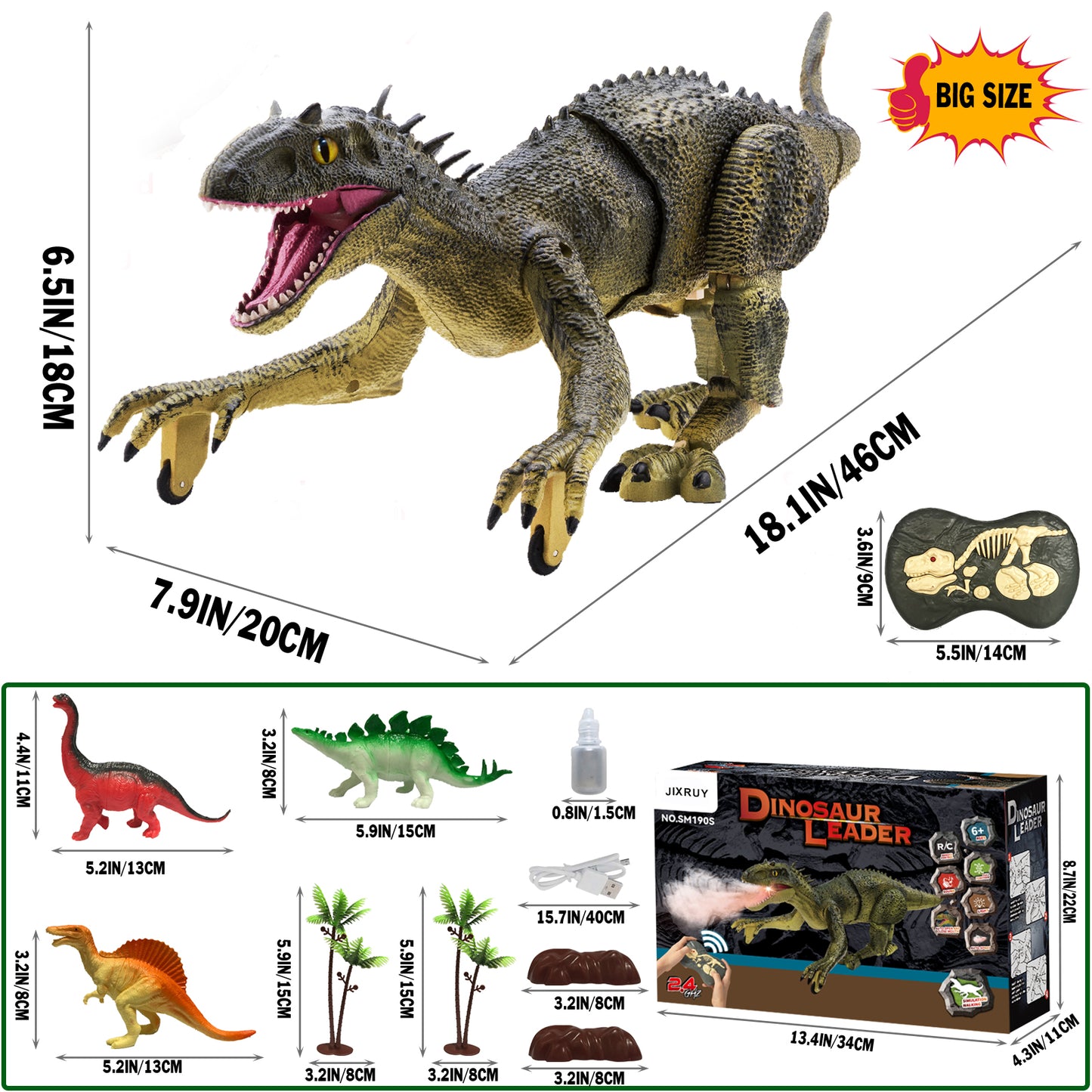 JIXRUY Remote Control Dinosaur Jurassic T Rex Toys for Boys Electronic RC Spray Raptor Walking Roaring Tyrannosaurus Rex Realistic 18.1" Rechargeable Birthday Gift for Kids Girls 3 4 5 6 7