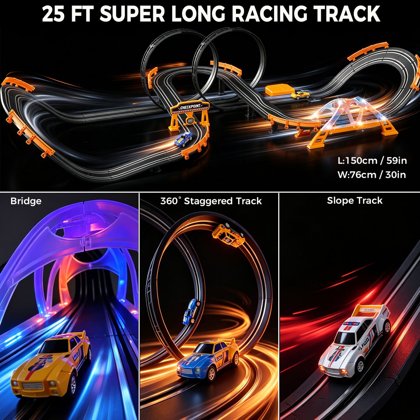 Electric Slot Car Race Track Sets with 4 High-Speed Racing Slot Cars Dual Racing Game with 2 Controllers Circular Overpass Track Featuring Flash Bridge Pendulum Gifts Toys for Boys Kids Age 6 7 8-12