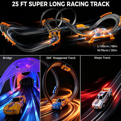 Electric Slot Car Race Track Sets with 4 High-Speed Racing Slot Cars Dual Racing Game with 2 Controllers Circular Overpass Track Featuring Flash Bridge Pendulum Gifts Toys for Boys Kids Age 6 7 8-12
