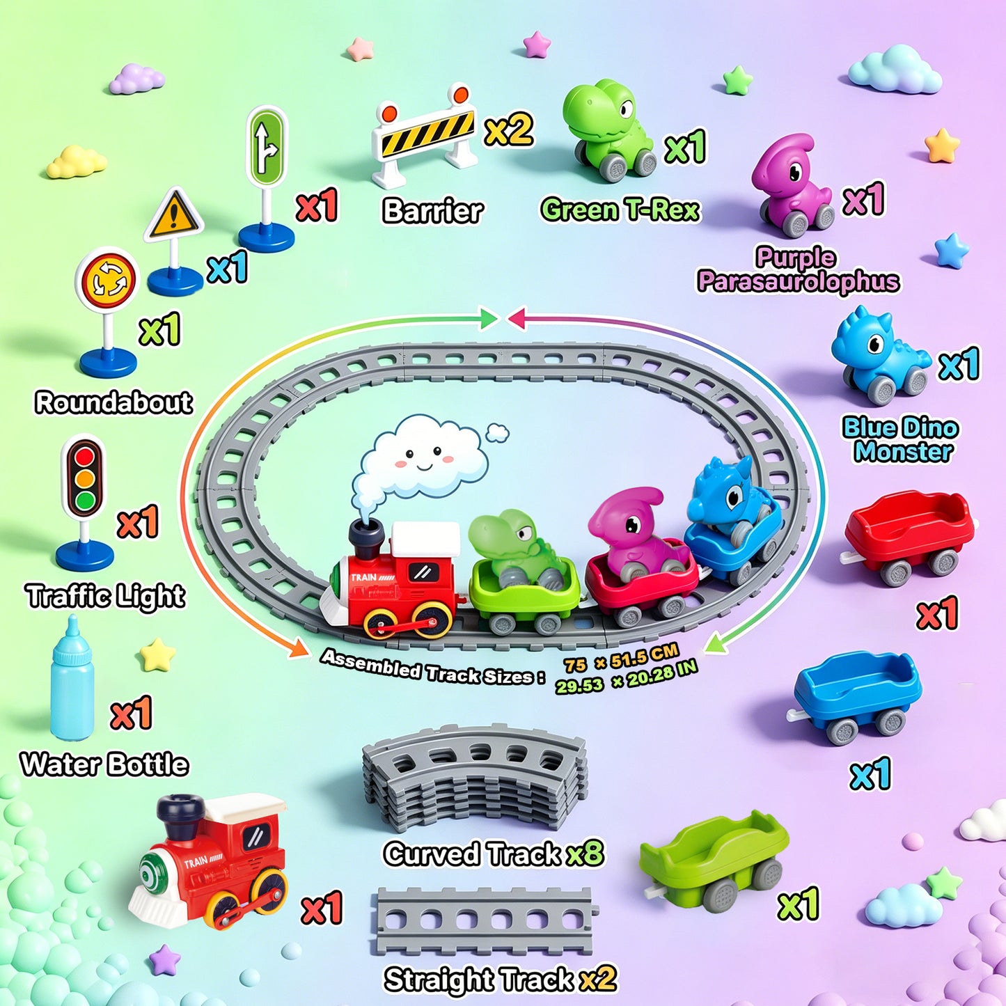 Train Set for Toddlers w/Steam Music & Lights - Electric Train Toys for Kids w/Tracks Including 3 Dinosaur Cars and 3 Trailers Christmase Birthday Gifts for Boys Girls 3 4 5 6+ Years Old