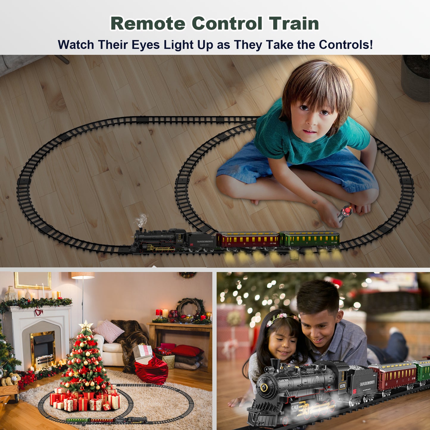 Electric Train Sets Remote Control for Kids Christmas Train Toys Steam Locomotive w/3 Smokes, Glowing Passenger Carriages, Luxury Tracks, Light & Sounds Rechargeable Birthday Gifts for Boys Girls
