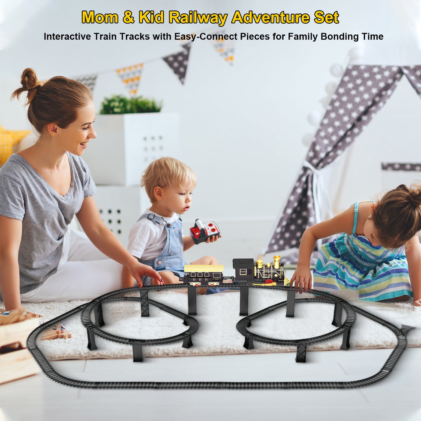 Electric Train Set with 3D Elevated Tracks Music, Lights & Quiet Mode Christmas Train for Kids Birthday Gift Holiday Toy for Boys Girls 3 4 5 6 7