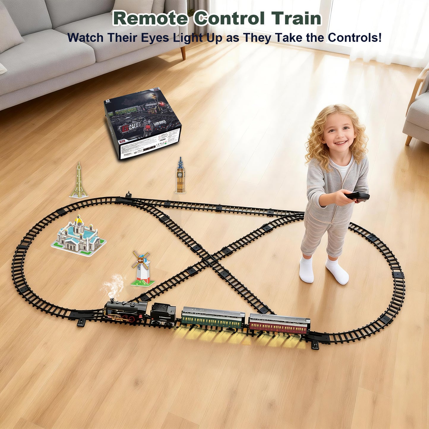 Electric Remote Control Train Set Metal Alloy Steam Locomotive with Glowing Passenger Carriages Smoke, Sound & Light Luxury Tracks Rechargeable Train Christmas Birthday Toy Gift for Boys Kids