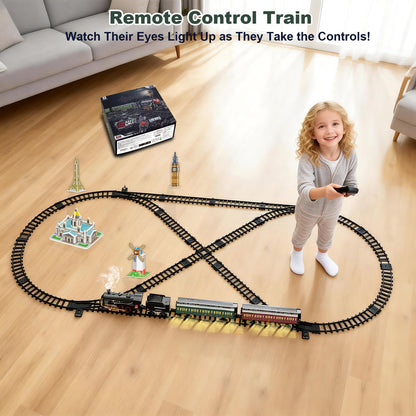 Electric Remote Control Train Set Metal Alloy Steam Locomotive with Glowing Passenger Carriages Smoke, Sound & Light Luxury Tracks Rechargeable Train Christmas Birthday Toy Gift for Boys Kids