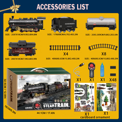 Remote Control Train Set Steam Locomotive, Cargo Car & Tracks