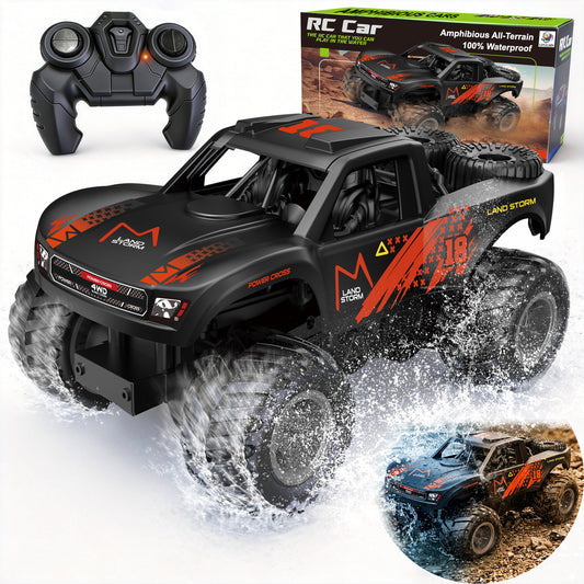 Amphibious Remote Control Car Monster Truck - 4WD Waterproof 1:16 Large All Terrain Off Road Vehicle with 2 Rechargeable Batteries RC Drift Cars Beach Pool Toys Gifts for Boys Kids 8-12
