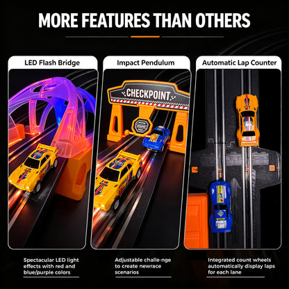 Slot Car Race Track Sets with 4 High-Speed Racing Slot Cars Electric Dual Racing Game with 2 Controllers Circular Overpass Track Featuring Flash Bridge Pendulum Gifts Toys for Boys Kids Age 6 7 8-12