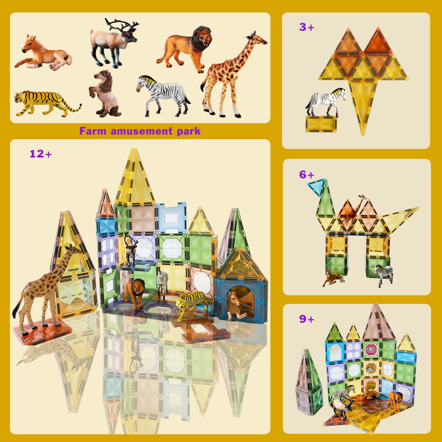 Magnetic Tiles 3D Magnet Building Block Toys with Farm Animal and Lighting